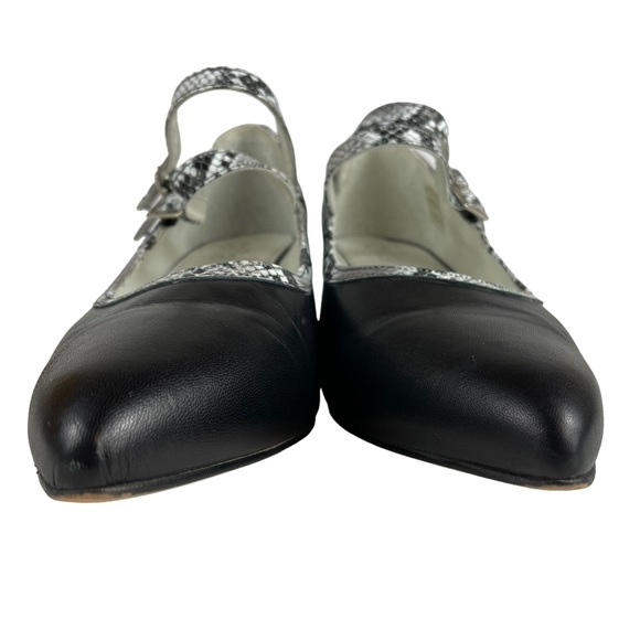 Calla Reptile Snakeskin Soft Leather Black White Point Toe Maryjane Block Heels - Picture 3 of 15